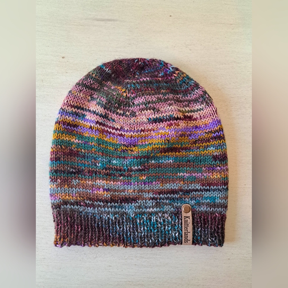 Hand Knit Beanie Hat Stocking Cap Premium Merino Wool Multicolor Purple Brown